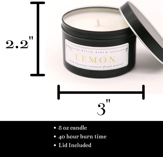 River Birch Candles Lemon Scented Candle | Premium, All-Natural, Non-Toxic, Soy Candles | 8 oz. Black Matte Tin Travel Candle | Cozy Relaxing Gifts for Home