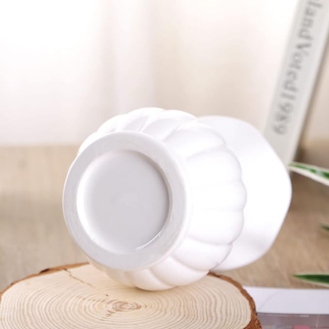 VanEnjoy 6 inch Modern Ribbed Design Small White Ceramic Decorative Tabletop Centerpiece Vase Flower Pot -White Lotus Flower