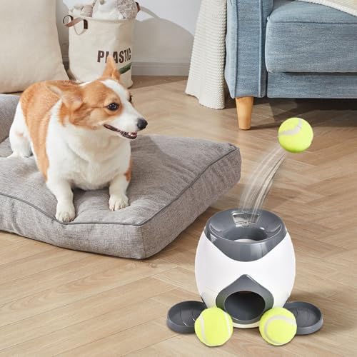 Interactive Dog Training Toy, Dog Tennis Ball Food Reward Machine with Automatic Treat Dispenser, Rechargeable Tennis Ball Throwing Machine for Small to Medium Dogs (Grey)