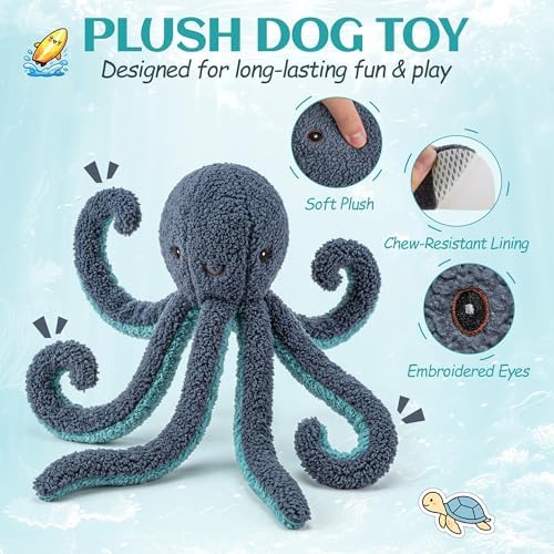ALL FOR PAWS Octopus Squeaky Dog Toy, Plush Dog Toy for Small Medium Large Dogs, Fetch Toy with Squeaker & Crinkle