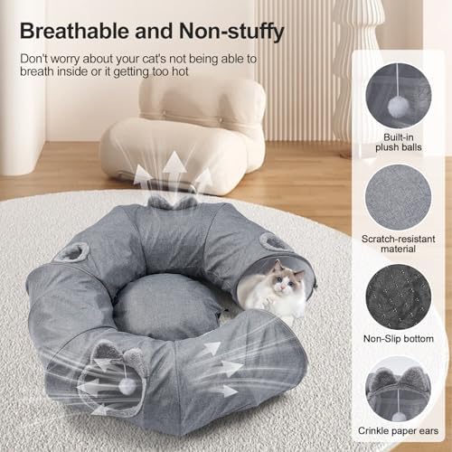 Linen Cat Tunnels with Central Cat Bed, Interactive Cat Toys Detachable Washable Soft Mat Large Indoor Play Tunnel Cave for Kittens and Small Animals