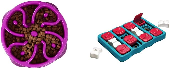 Outward Hound Fun Feeder Slo Bowl (Medium/Mini, Purple) and Outward Hound Nina Ottosson Dog Brick Interactive Treat Puzzle Dog Toy