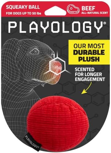 Playology Durable Plush Ball Toy - Crinkle Ball - Medium, Beef Scent
