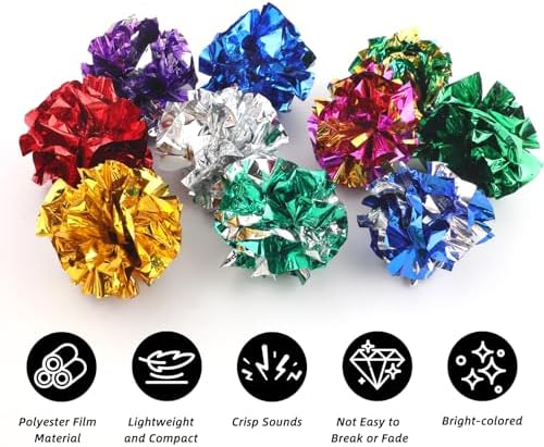 30 Pcs Cat Crinkle Balls Toys,2.36 Inch Funny Interactive Cat Toys,Polyester Film Interactive Crinkle Ball,Colorful Lightweight Chew Chase Toys for Indoor Pet to Keep Fit and Active (Ten Colors)