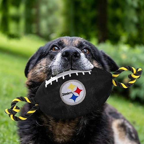 Pets First NFL Pittsburgh Steelers Football Dog Toy, Tough Quality Nylon Materials, Strong Pull Ropes, Inner Squeaker, NFL Team Color