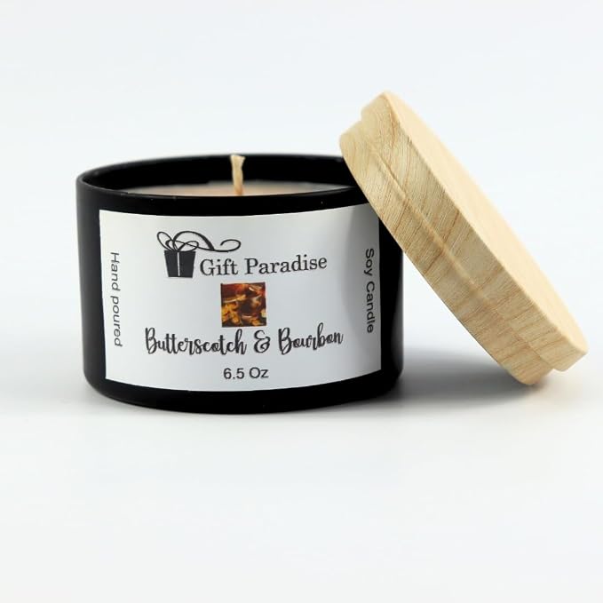 Gift Paradise® Butterscotch & Bourbon Soy Wax Candle – 6.5 oz Black Metal Tin with Cotton Wick | Sweet & Smoky Long-Lasting Home Fragrance | Hand-Poured, Non-Toxic Scented Candle