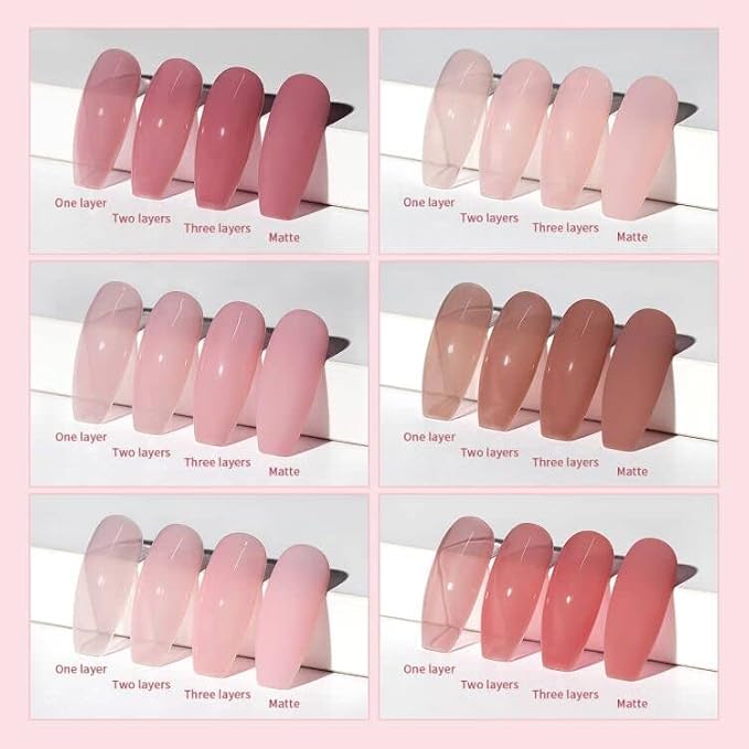 RARJSM Nude Gel Polish Set Purple Jelly Gel Nail Polish of 6 Transparent Colors 7.5ml Clear Mavue Purple Pink Sheer Rose Red Brown Autumn Winter French Manicure LED UV Gel Curing Requires Soak Off