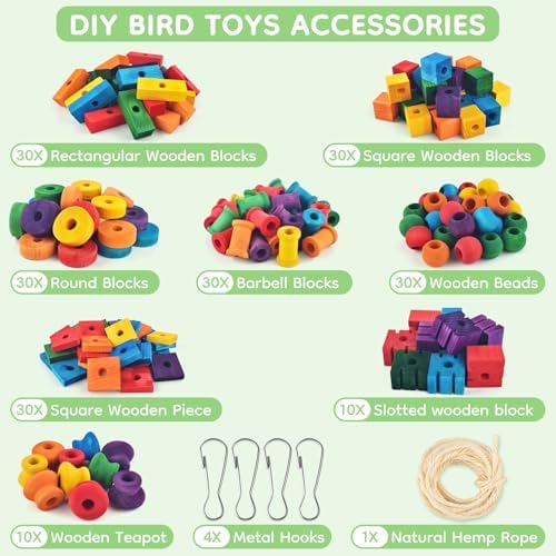 DBNESS Bird Toys for Parrots, 200 Pcs Colorful Multi-Shaped DIY Wooden Blocks Craft, Natural Parrot Chew Training Foot Toy for Amazon African Grey Cockatiels Conure Monk Parakeet