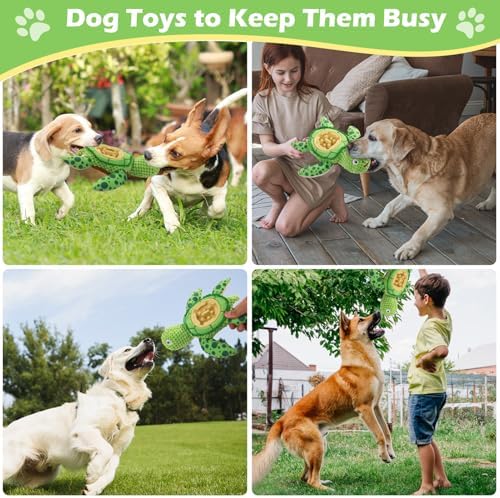 Interactive Dog Toy, Green Turtle Plush with Slow Feeder Bowl, Squeaky Chew Toy