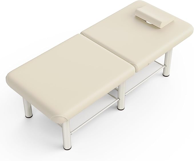 Folding Stationary Massage Table with Backrest and Storage Space for Treatment Table Physical Therapy Table Spa Facial Bed, 6 Round Legs Metal Frame PU Leather, 30.5'' Wide × 75'' Long - Beige Gray