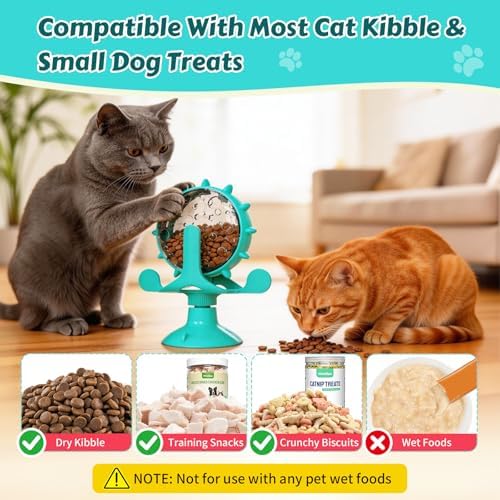 Cat Food Treat Dispenser Toy Interactive with 360°Rotating Windmill Suction Cup for Indoor Cats, Kittens & Small Dogs Slow Feeder Snack Exercise & Distribution Wheel Toy