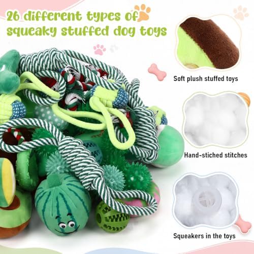 Syhood 60 Pcs Squeaky Dog Toys Bulk Plush Rope, Green, Green Style