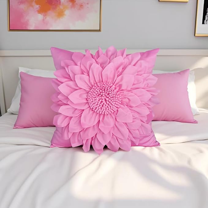 Hot Pink Accent 3D Flower Decorative Throw Pillow Covers for Bed Sofa Couch | Bella's Giftshop Handmade Sunflower Taffeta Pillow Cases Living Room Bedroom Decor, 18x18 Inch
