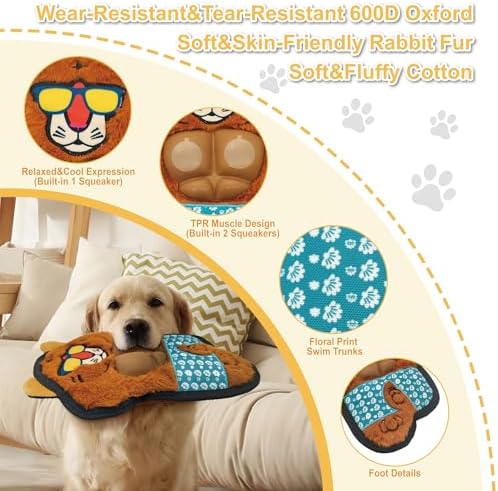 11.42 Inch Yellow Tiger Squeaky Dog Toy with TPR Muscles, Plush Chew Toy for Puppy Teething, Interactive Tough Toy for Small Medium Large Dogs