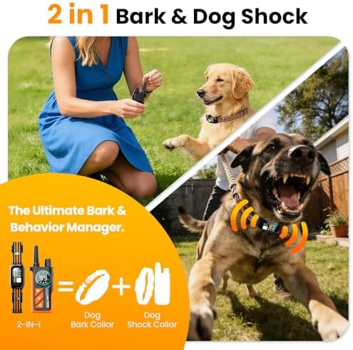 2 in1 Dog Bark and Shock Collar - 4500FT Anti Bark Collar with Remote, 3 Training Modes (Tone, Vibration, Safe Shock), IP67 Waterproof, Portable Training Collar for Medium and Large Dogs (5-120lbs)