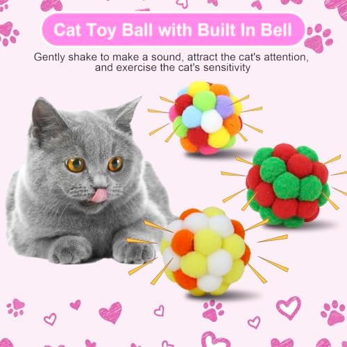 Cat Toys Balls 6 Pieces with Bells 5cm Soft Cat Pom Poms Balls Cats Interactive Ball Toy for Cats Kitten Indoor Outdoor Playing Chewing Scratching (Cat Ball Set 2)