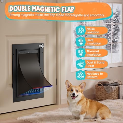 2-Flap Aluminum Medium Dog Door for Interior & Exterior Door with Dual Lock | Magnetic Flaps, Energy-Efficient, Closing Panel, Adjustable Tunnel, Strong Seal, Never Rust, Easy Install, Pet Up 45 LB