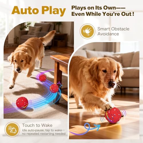 Interactive Dog Toys Ball, Self-Rolling & Bouncing Ball with RGB Colorful Lights to Keep Them Busy, 3-in-1 Interactive Mode, E-TPU Material, Type-C Charging, Moving Dog Toy for Dogs Puppies (Red)
