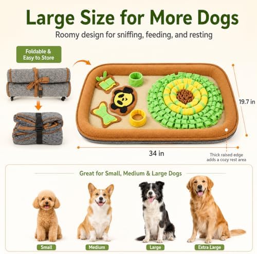 2IN1 Dog Bed Mat&Snuffle Mat for Dogs Large Breed, 28.3''x28.3'' Interactive Puzzle Dog Food Mat, Easy to Clean, Durable, Mental Stimulation & Slow Feeding Game for All Breeds
