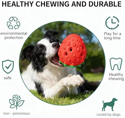 Strawberry Chew Toy for Dogs, Natural Rubber Balls for Aggressive Chews, Cleans Teeth and Gums, Treat Food Dispensing Toys, Indestructible Dog Toys, Toy for Dog Interactive