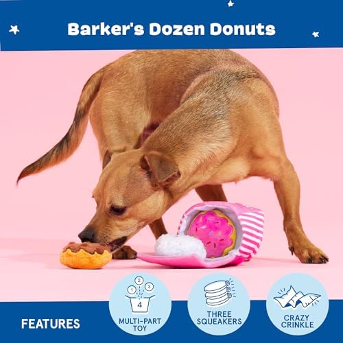 BarkBox Barker's Dozen Donuts 4-in-1 Interactive Plush Dog Toy | Squeaky Dog Toys with Crinkle Box - For Small Dogs and Puppies