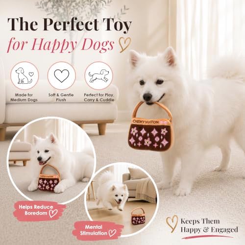Dog Diggin Designs Chewy Vuiton Brown Blossom Plush Dog Toy Purse | Luxury-Inspired Parody Designer Handbag with Squeaker, Soft Plush Fashion Dog Toy – Haute Couture Purses & Handbags