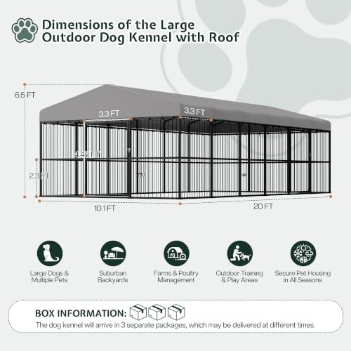 Jocisland 10x20x6.5 FT Outdoor Dog Kennel, 2 Doors, Waterproof Roof