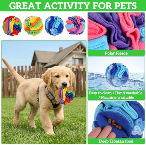 4 Packs Snuffle Ball for Dogs, Sniffle Interactive Treat Ball, Stress Relief, Slow Feeder, Puzzle Toy for Small Medium Dogs Cats, Soft Polar Fleece, Rainbow, Orange, Pink Blue & Ocean Blue, 3.9 Inches
