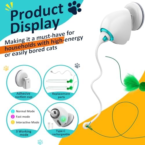 Interactive Cat Toys for Indoor Cats, Automatic Flying Feather Wand, Suction Cup Design, USB Rechargeable, Wall-Mounted Hanging Cat Toys for Bored Indoor Adult Cats