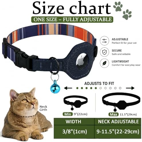 Breakaway Cat Collar with Leather AirTag Holder & Bell - Apple Air Tag Cat Collars for Girls & Boys, Lightweight Anti-Lost GPS Tracker Design, Printed Pattern - Safety and Adjustable (Multicolor)