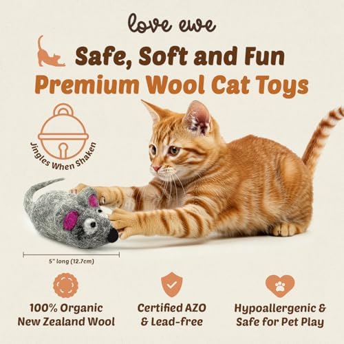 Love Ewe Wool Cat Toys 3 Pack, 5in Mouse w/Bell & 2in Ball