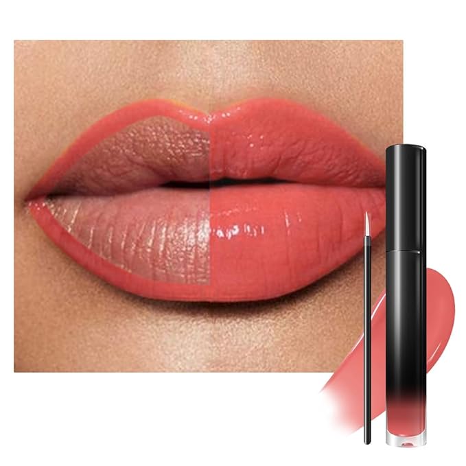 evpct Coral Nude Pink Shiny Glossy Longwear No-Budge Liquid Lip Color Lipstick Makeup, Highly Pigmented Color Instant Shine, Waterproof Long Lasting Lipstick Women Lip Stain Gloss with Lip Liner Brush