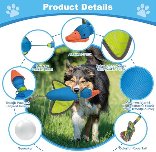 16.93 Inch Duck Slingshot Flying Dog Toy with Rope, Oxford Squeaky Crinkle Chew Toy for Fetch Training, Interactive Durable Toy for Medium Large Dogs