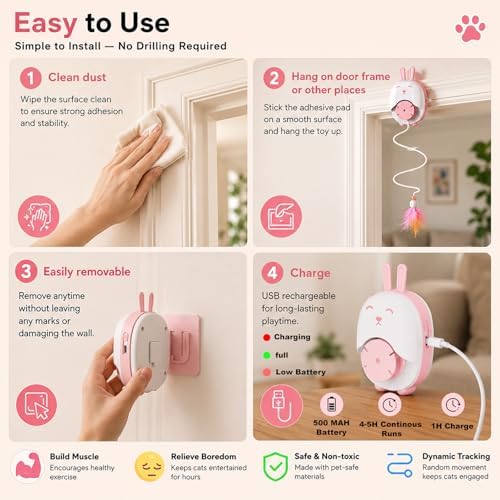 Interactive Cat Toys for Indoor Cats,Automatic Hanging Door Cat Teaser Feather Toy with 6 Accessories,2 Modes,Auto Pause & USB Rechargeable Electric Cat Chase Toy,Safe for Bored Adult Kitten-Pink2