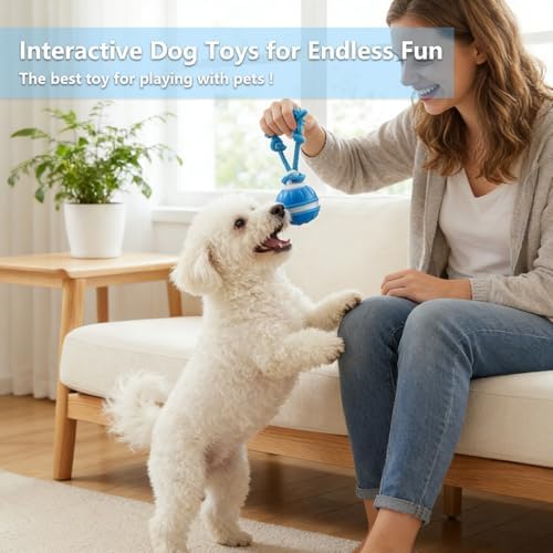Interactive Dog Toys, Automatic Rolling Ball, Squeak Dog Toys for Boredom Interactive, Touch Activated, Dog Ball Chew Toy with Fun Rope for Small/Medium Dog Cat Indoor/Outdoor (Blue)