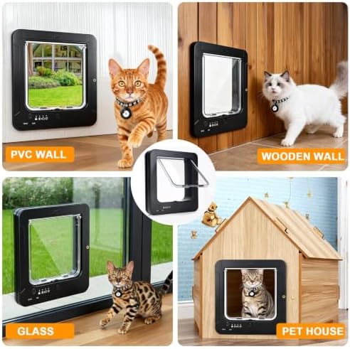 Smart Cat Door for Interior & Exterior, Cat Pet Door with 3 Collar Sensor Keys & 1 Remote Control & 4 Way Locking Cat Flap with RFID Collar Activated Opening SmartPetDoor