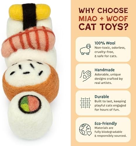 Woolbuddy Wool Cat Toys (Big Sushi 4 PCS) for Indoor Cat Kitten Catnip-Free