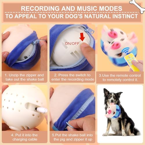 BABORUI Blue Pig Interactive Dog Toy, Remote Control Jumping Squeaky Toy with Recording & Music Modes, Rechargeable Moving Dog Chew Toy for Small/Medium/Large Dogs