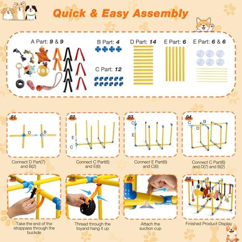 Upgraded Puppy Play Gym with 9 Hanging Toys, Reinforced Frame & Strong Suction Cups–Removable Dog Enrichment Playground, Indoor Jungle Gym & Activity Center for Small Dogs with Squeaky& Teething Toys