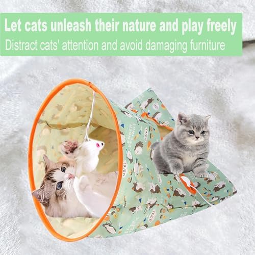 Cat Tunnel Bag for Indoor Cats, Foldable Pet Tunnel Crinkle Sack Bag with a Little Mouse & 3 Toy Ball, Portable Crinkle Paper Interactive Hide and Seek Cat Toys (Green)