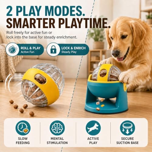 2-in-1 Dog Puzzle Toy, Treat Dispenser & Slow Feeder (Yellow)