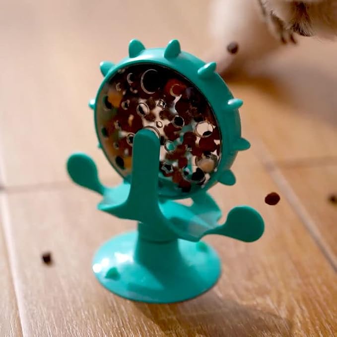Interactive Cat Food Treats Dispenser Toy for Indoor Cats, 360° Rotating Windmill Suction Cup Toys for Small Pet, Puzzle Original Slow Dog Feeder Snack Distribution & Exercise Wheel Toy (Lake Blue)