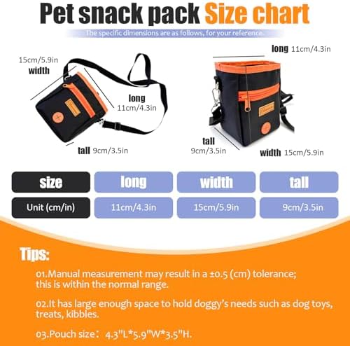 Dog Treat Pouch for Training and Walking, Water-Resistant Puppy Snack Bag with Poop Bag Dispenser, Adjustable Shoulder Strap and Waist Clip, Large Capacity Treat Holder, Black & Orange