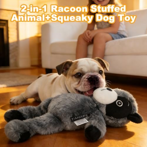 12.01 Inch Blue Grey Raccoon Squeaky Dog Toy, Plush Chew Toy with Bungee Legs for Puppy Teething, Indoor Outdoor Interactive Toy for All Dog Sizes