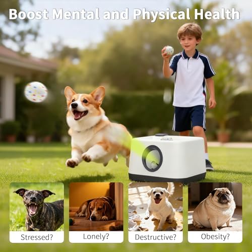 Automatic Dog Ball Launcher, Dual Auto-Manual Modes with Dog Barking Sound, Interactive Dog Fetch Toy, 3 Adjustable Distances, Dog Balls Thrower for Small & Medium Dogs, with 4 Durable ETPU Balls