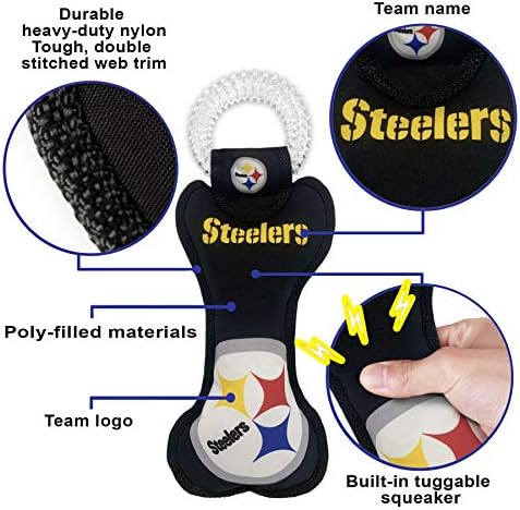 Pets First NFL Pittsburgh Steelers Dental Dog TUG Toy with Squeaker. Tough PET Toy for Healthy Fun, Teething & Cleaning Pet's Teeth & Gum., Team Color, one Size (PIT-3310)