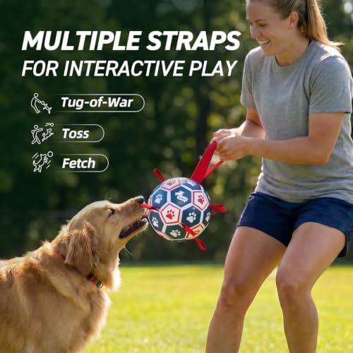 QDAN Dog Toys Soccer Ball with Straps：Durable Balls for Large Dogs, Outdoor Dog Toys, Puppy Birthday Gifts (7 Inch)