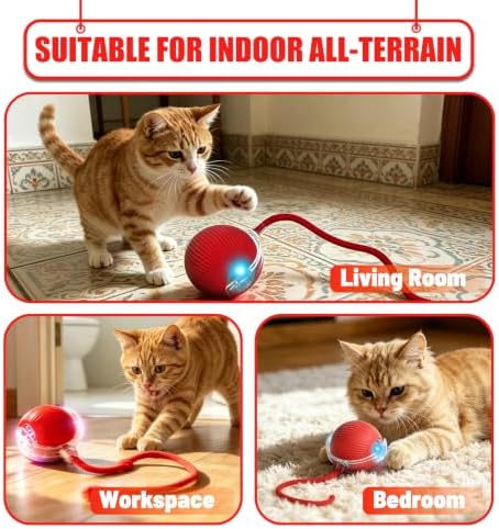 Automatic Interactive Rolling Cats Toys Ball for Indoor, Electric Automatic Rolling Pet Toy, 360° Smart Interactive Rolling Dog Ball Durable and Safe Material for Cat and Dog(Red)