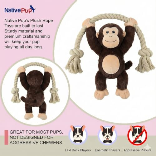 Native Pup Dog Toy Rope and Plush Stuffed Squeaker, Tug of War Toys for Dogs, Puppy Welcome Home Add on for Pets (Monkey)