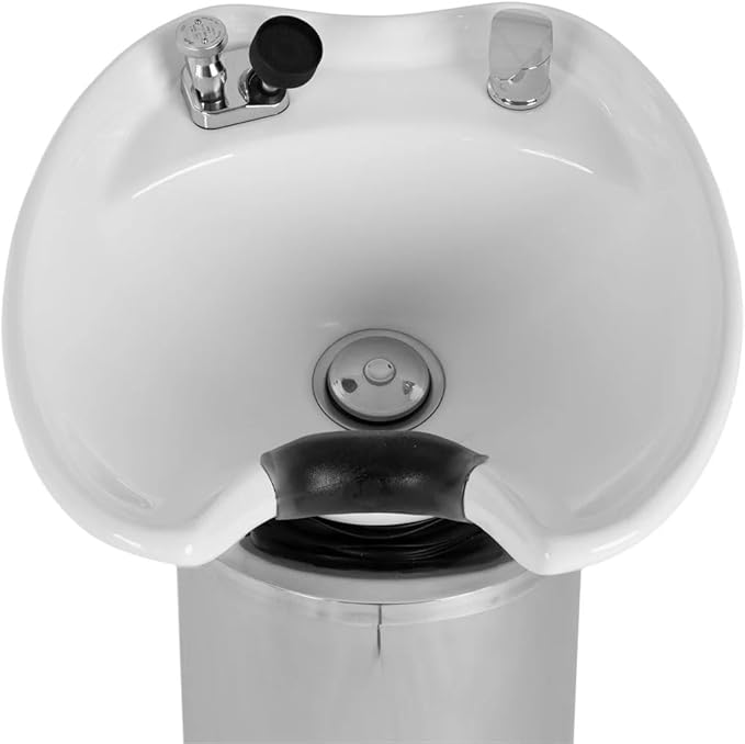 Buy-Rite Paris Pedestal Shampoo Unit with stainless steel base, white tilting porcelain bowl, faucet, spray hose, drain, and vacuum breaker – durable professional salon equipment.